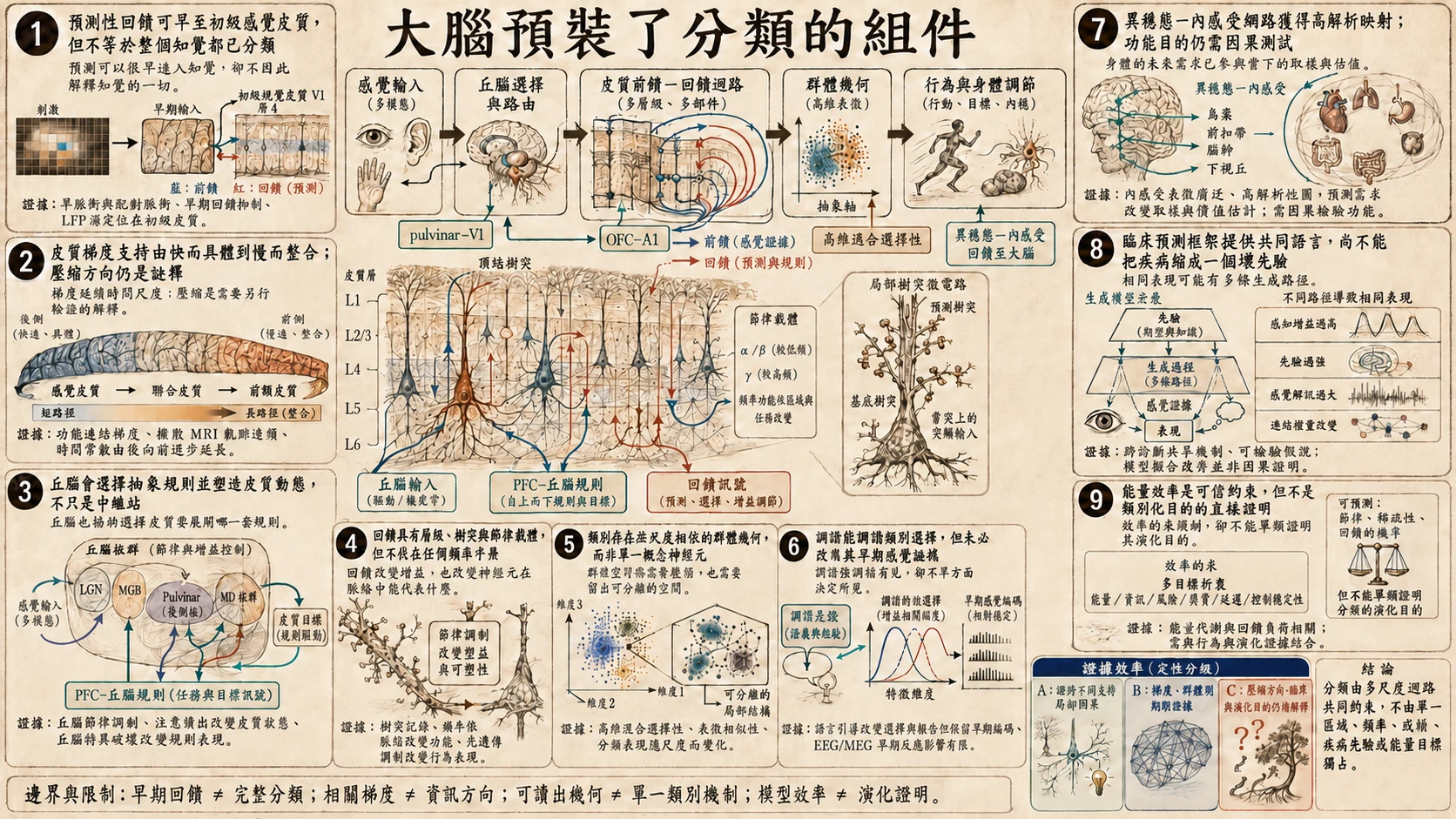 大腦是否預裝了分類的組件：皮質回饋、視丘路由與臨床預測總覽