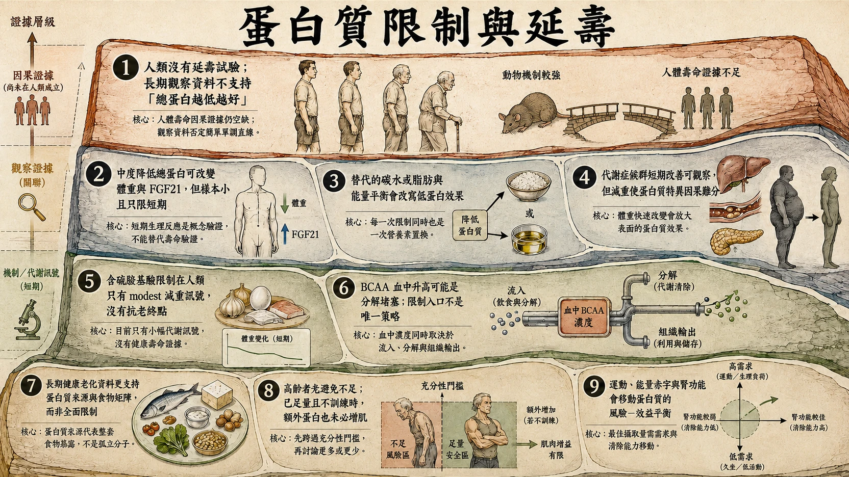 蛋白質限制、胺基酸感知與延壽：人類證據、營養權衡與腎功能總覽